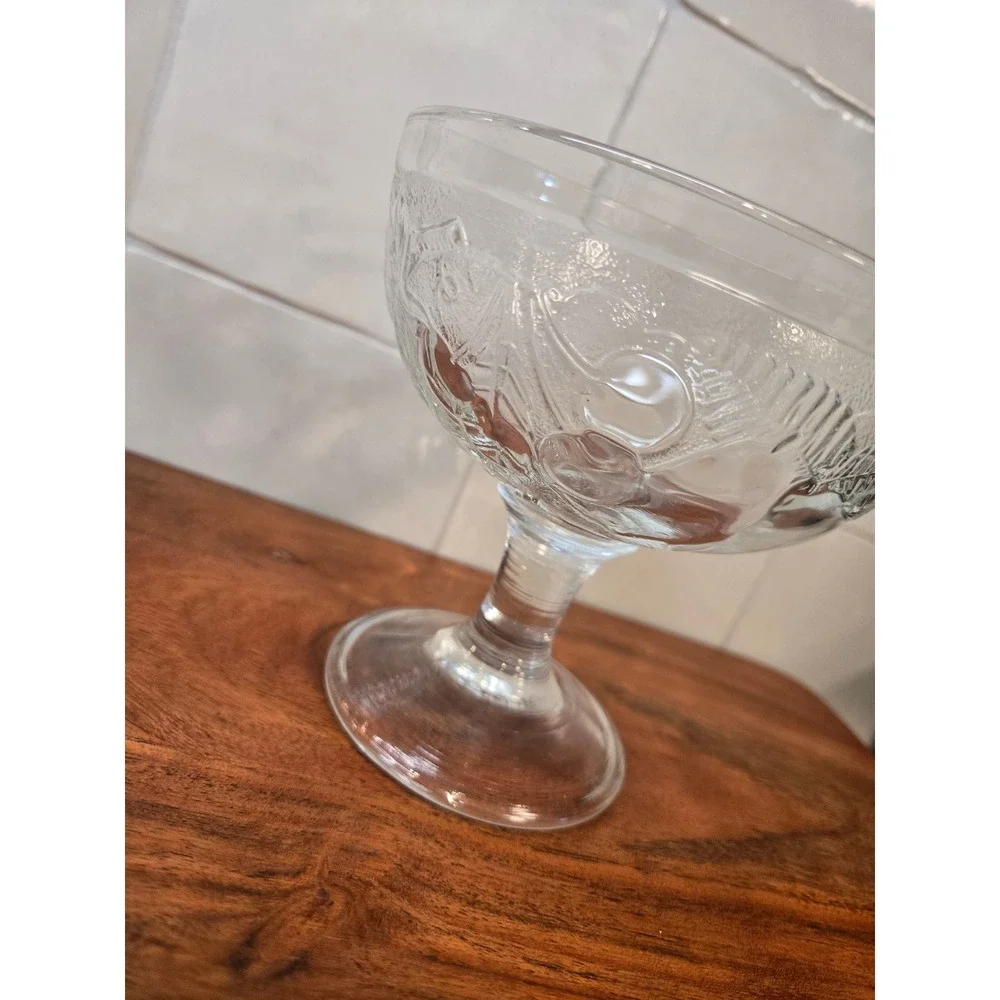 Vintage French Clear Pressed Glass Footed Dessert Coupe Embossed Leaf Berry Bowl